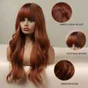 Esmee 24 Inches Long Wavy Copper Brown Wigs for Women Natural Synthetic Hair Heat Resistant Wigs with Bangs for Daily Party Cosplay Use