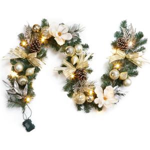 6ft Christmas Garland with Lights, Prelit Outdoor Christmas Garland with Timer 20 LED Lights Pine Cones Gold Ball Ornaments Bow for Mantle Fireplace Stairs Railing Indoor Decorations, Battery Operated