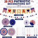 4th of July Decorations Set, 20 PCS Easy Setup Patriotic Red White Blue Paper Fans, USA Banner, Star Garland, Hanging Swirls and Spiral Stars for 250th Anniversary Patriotic Party Decor