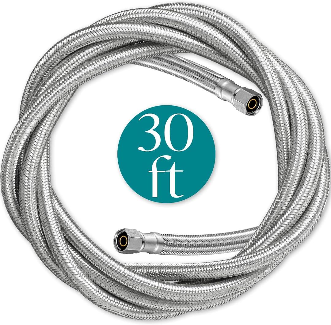 Refrigerator Water Line for Ice Maker Braided - 30' Pex Water Supply Lines Hose for Fridge Outlet Box with 1/4 Comp Fitting