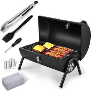 Joyfair Portable Charcoal Grill Set, Small Tabletop Barbecue Grill with Accessories Tools for Outdoor Camping BBQ Grilling Backyard Party Cooking, Heavy Duty & Innovative Design, Thermometer & Chimney