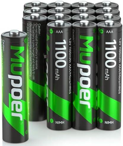 Mupoer Rechargeable AAA Batteries 16 Pack,1100mAh NiMH AAA Rechargeable Battery,1.2V Triple A Battery, High Capacity Low Self Discharge Pilas Recargables,3A Batteries for Solar Light Toy Remote