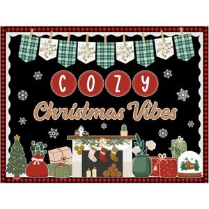 Christmas Fireplace Bulletin Board Set Cozy Christmas Vibes Classroom Decorations Colorful Banner Snowflakes Xmas Tree Gifts Snow Globe Cutouts with Buffalo Plaid Borders for Holiday Display