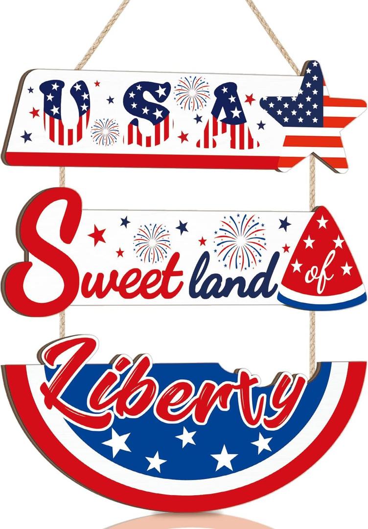 KAIRNE 4th of July Door Hanger,Sweet Land of Liberty Sign,Memorial Day Wooden Plaques,Patriotic Wall Hanging Decoration,Independence Day Hanging Gifts for Friends Family Porch Living Room Decoration (11.4X3.5+11.4X3.9+11.4X5.5inches)