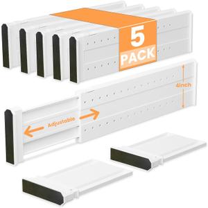 REBECAT 5 Pack Drawer Dividers for Clothes Adjustable Drawer Dividers 4" High Expandable from 15"-21" for Dresser Baby Clothes Bathroom,Bedroom Kitchen and Office StorageWhite