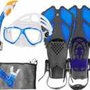 Kids Mask Fins Snorkel Set Snorkeling Packages, with Diving Mask, Snorkel, Adjustable Swim Fins, Mesh Bag, Anti-Fog Anti-Leak Snorkeling Gear for Kids for Snorkeling Swimming Diving (Blue)