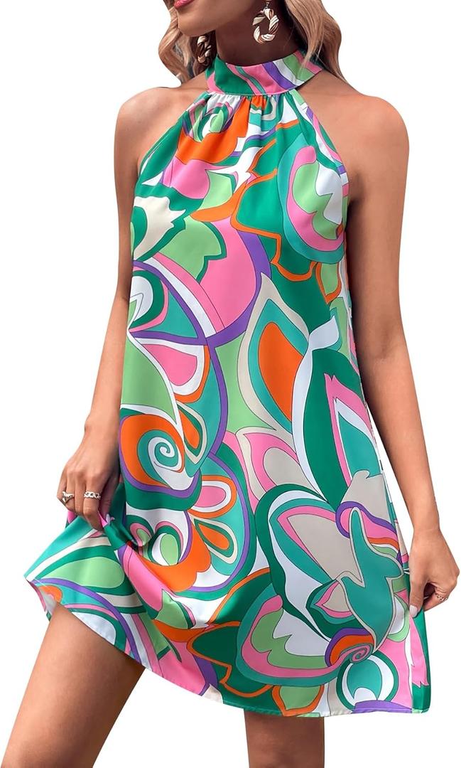 SOLY HUX Women's Floral Print Tunic Dress Criss Cross Sleeveless Halter Summer Short Dresses (Green Tie Back), Small 