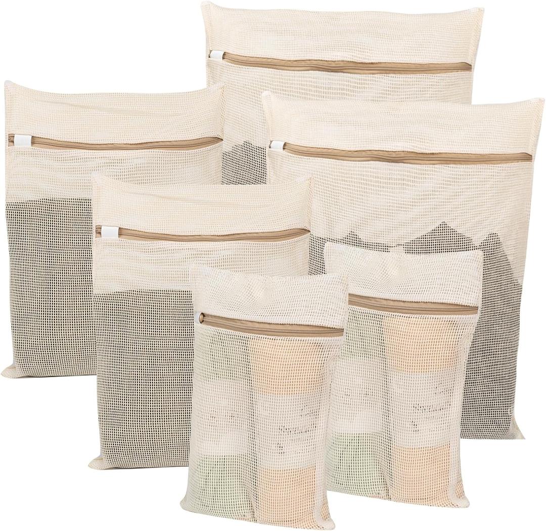 6-Piece Bag, Durable Cotton Mesh Laundry Bag, Sturdy Zipper, Breathable Mesh, Exquisite Laundry Bag for Underwear, Clothes, Pants, Shoes and Socks (Beige)