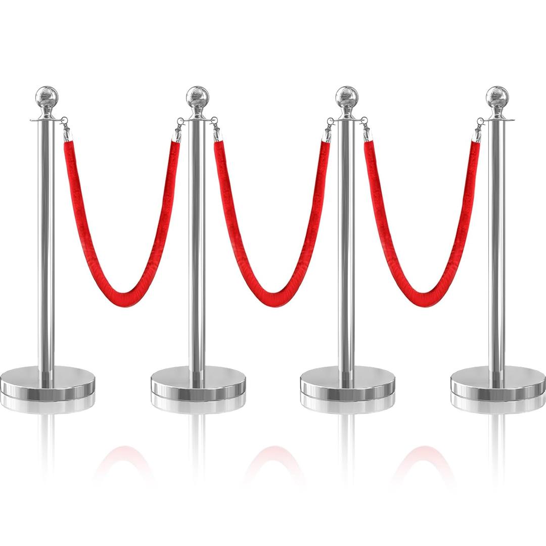 4Pcs Sliver Stanchion Post Queue Velvet Ropes and Posts with Soild Base and 3pcs 5 Ft Red Velvet Ropes Carpet Ropes Posts Stanchion Set Crowd Control Barriers for Party Supplies