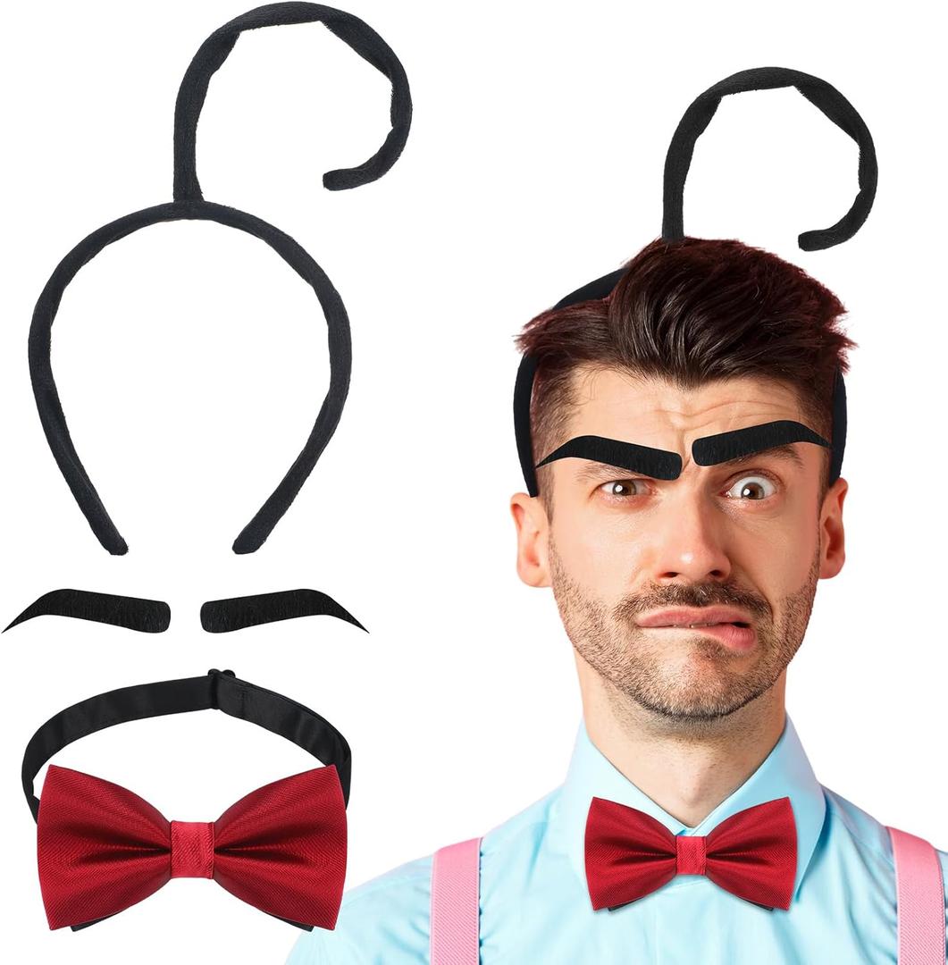 3 Pcs Halloween Cosplay Costume Accessories Include Tentacle Headband Burgundy Bow Tie and a Pair of Bushy Adhesive Fake Eyebrows for Halloween Role Playing Costume Party