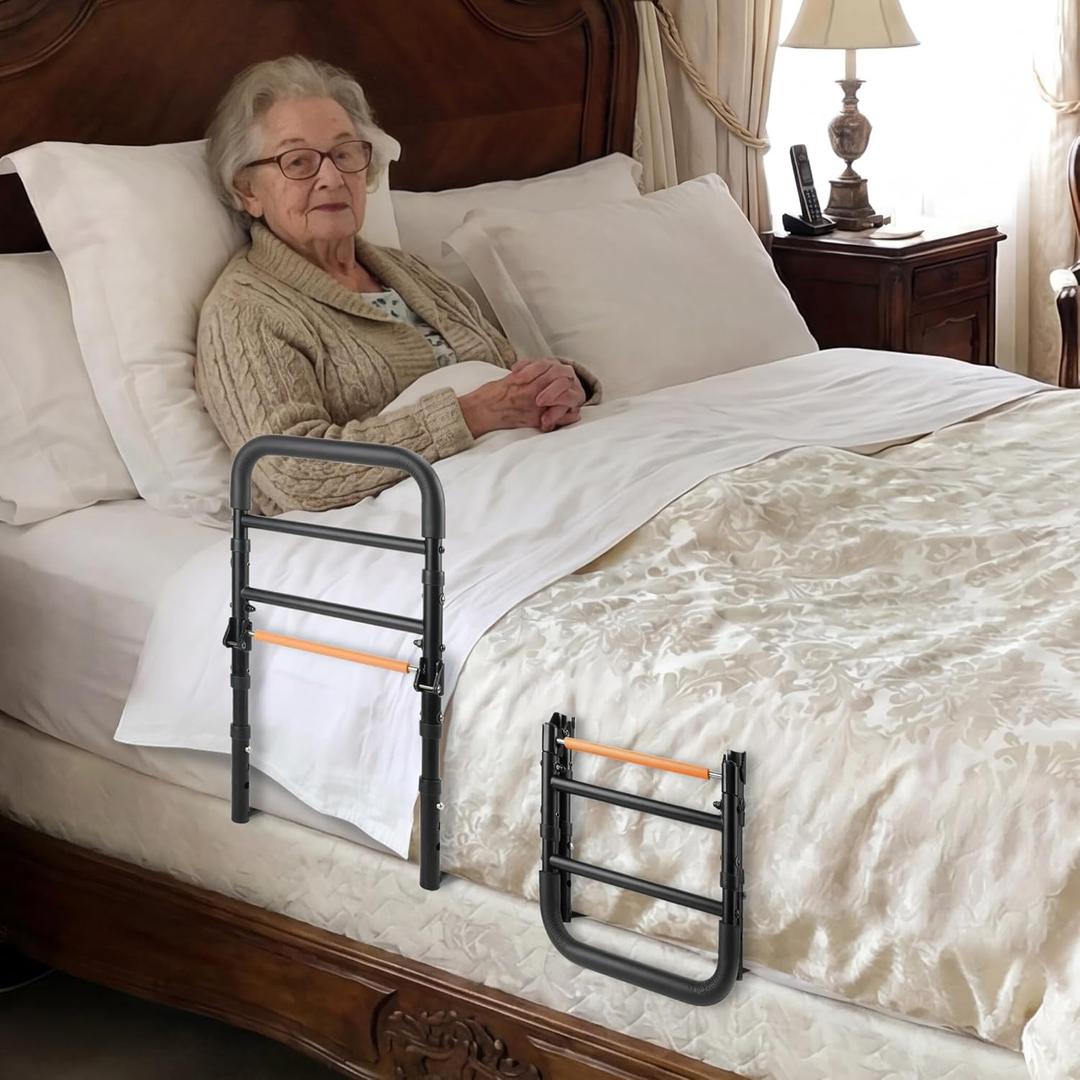 C1 Fold Bed Rails for Elderly Adults Safety - Foldable Bed Assist Rail with Adjustable Height, Tool-Free Folding, Sturdy up to 350 Lbs, Bed Cane Fits King Queen Twin Beds