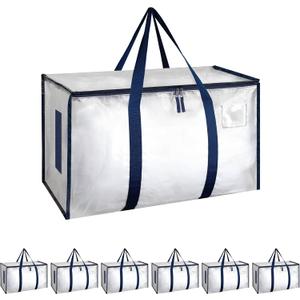 Simple Deluxe 6 Pack Extra Large Moving Bags with Lids, Reinforced Handles and Zippers, Heavy Duty Storage Tote for Moving Travel Camping Space Saving, White (Clear)