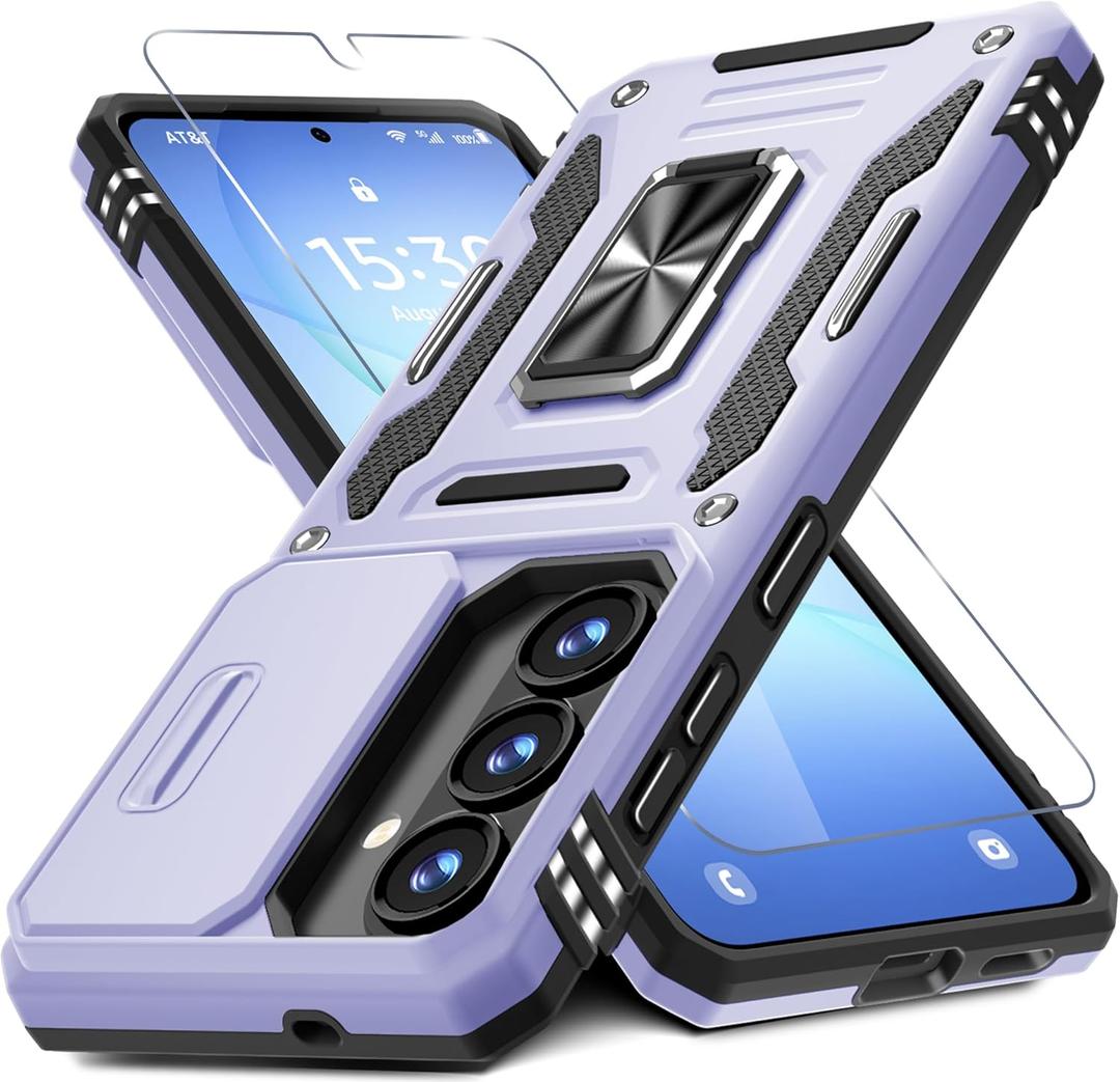 DEERLAMN Case for Samsung Galaxy S26+ Plus 6.7-Inch with Slide Camera Cover+Screen Protector(1 Pack), Rotated Ring Kickstand Military Grade Shockproof Protective Cover-Light Purple