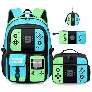 TOWIHUN Gamer Backpack for Boys, 4pcs Gaming Boys Backpack with Lunch Box and Pencil Case for Kids, Video Gamer School Bags