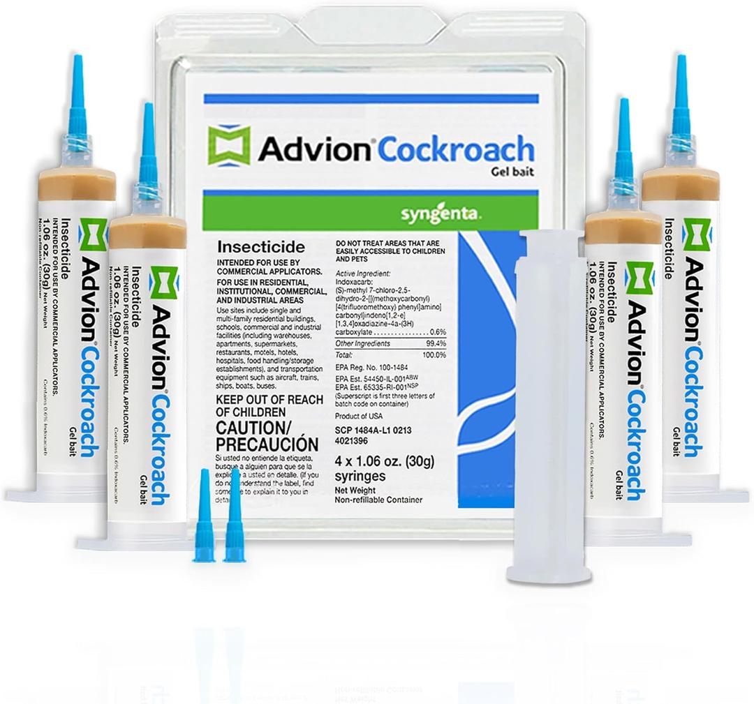 Advion Cockroach Gel Bait, 4 Tubes x 30-Grams, 1 Plunger and 2 Tips, Indoor and Outdoor Use, Roach Killer Gel for American, German and Other Major Cockroach Species (2 Pack)