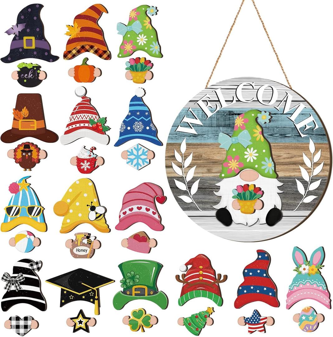 Qunclay Interchangeable Wooden Gnome Decor Holiday Seasonal Gnome Decorations with Magnet Pieces and Detachable Hats Changeable Welcome Sign for Home(Cute Style)