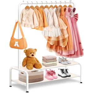 Kids Clothing Rack - Dress Up Clothes Rack - Baby Toddler Closet - Mini Freestanding Coat Racks with 2 Fabric Shelves - Small Kids Costume Wardrobe - Garment Rack for Hanging Clothes Organizer (White)