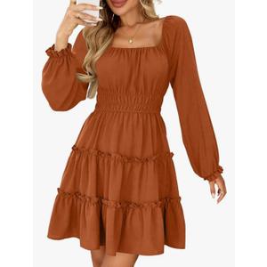 Women’s Square Neck Long Sleeve Dress Tiered Ruffle A-Line Flowy Mini Dresses with Pockets (S, Brown)