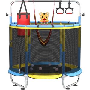 60" Trampoline for Kids with Safety Net, 440lbs Indoor & Outdoor Toddler Trampoline with Swing, Adjustable Gym Bar & Basketball Hoop, Fun & Active Play for Boys & Girls (Yellowishblue)