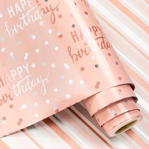 LeZakaa Reversible Pink Birthday Wrapping Paper Roll for Girls Women, Happy Birthday Lettering & Stripe Pattern with Metallic Foil in Pink, Mini Roll, 17 inches x 32.8 Feet (46.45 sq.ft.)