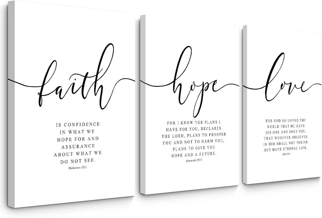 Bible Verses Wall Decor 3 Pieces Scripture Quotes Canvas Wall Art Faith Hope Love Scripture Posters Prints Christian Artwork Pictures for Living Room Bedroom Decoration 16x24 Inch Framed Set of 3