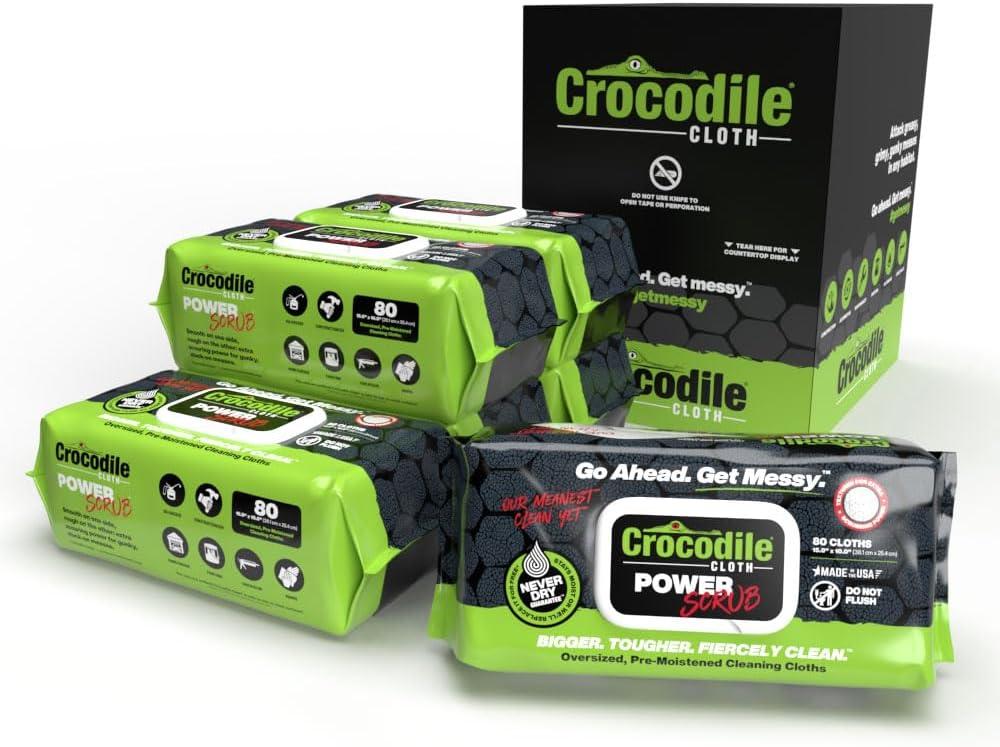 Crocodile Cloth PowerSCRUB Cleaning Wipes 480 Count (6 Packs of 80 Count) Dual-Surface Cloths, Heavy-Duty, Moist, Absorbent, & Disposable - Safe on Skin & Multiple Surfaces - 15" x 10" XL Wipes