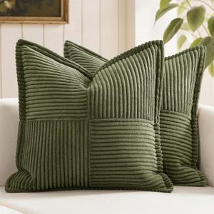 MIULEE Decorative Throw Pillow Covers for Couch Bed Livingroom 20x20 Inch Set of 2 Olive Green Boho Accent Throw Pllows Broadside Striped Patchwork Soft Corduroy Summer Pillowcases