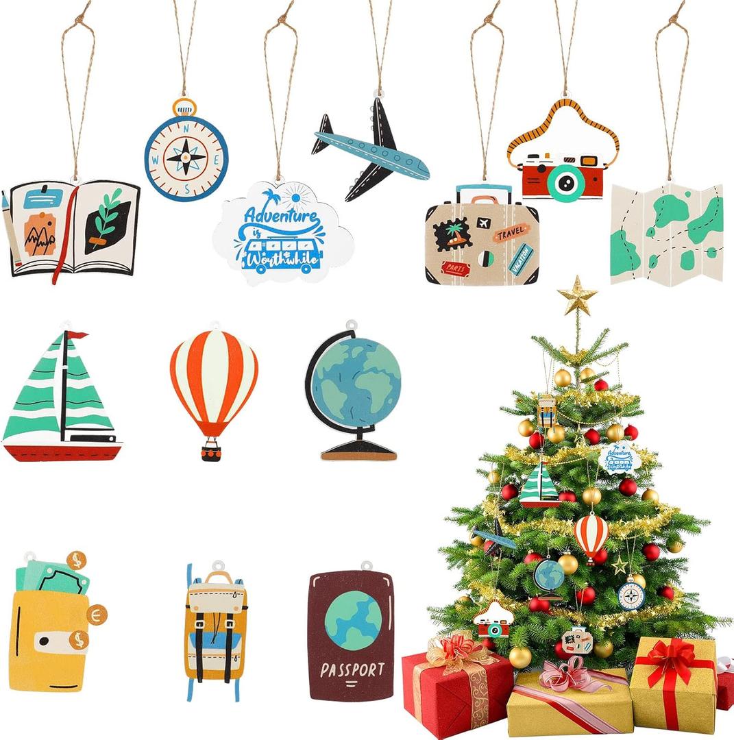 26 Pieces Christmas Ornaments Travel Themed Party Decorations Set Luggage Passport Camera Christmas Wooden Hanging Decors with Rope for House Xmas Tree Decorations Party Supplies (Stylish Style)