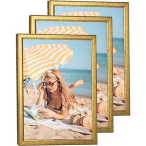 3 pack Wood 12x16 Frame Gold, Ornate Natural Wooden 16x12in Picture Frame, Modern Golden 12 x 16in Gallery Photo Pic Frame with HD Plexiglass,Horizontal Vertical Wall Mounting Set of 3