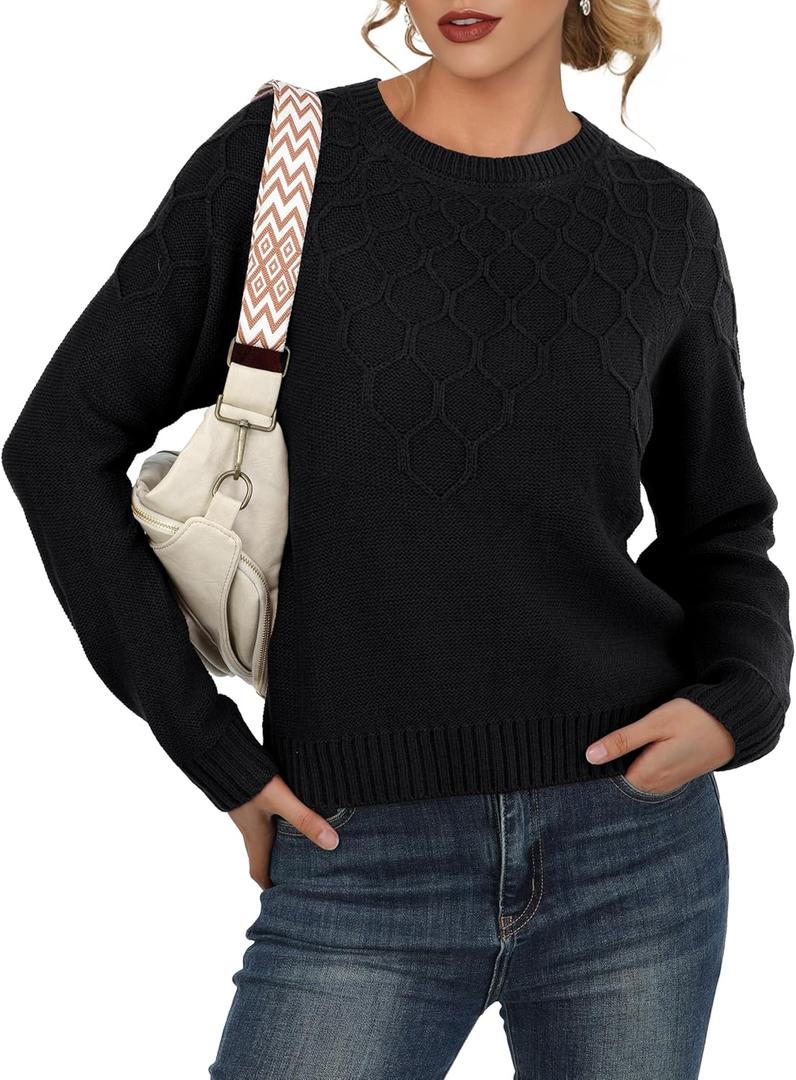 GRECERELLE Women's Pullover Sweater Chunky Crew Neck Long Sleeve Losse Casual Knit Tops Blouse, S-2XL (Medium, Black)