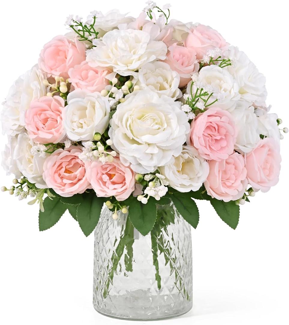 Yastouay 2 Bouquets Peonies Artificial Flowers, Mixed Pink & White Fake Peonies with Large Bloom, Silk Peony Flowers Faux Peony Bouquet for Wedding Centerpieces, Table, Vase & Home Decor
