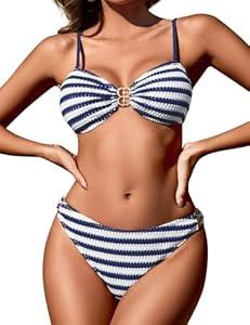 Women's Two Piece Bikini Sets Midi Waist Cheeky Swimsuit Striped Triangle Bathing Suits, M