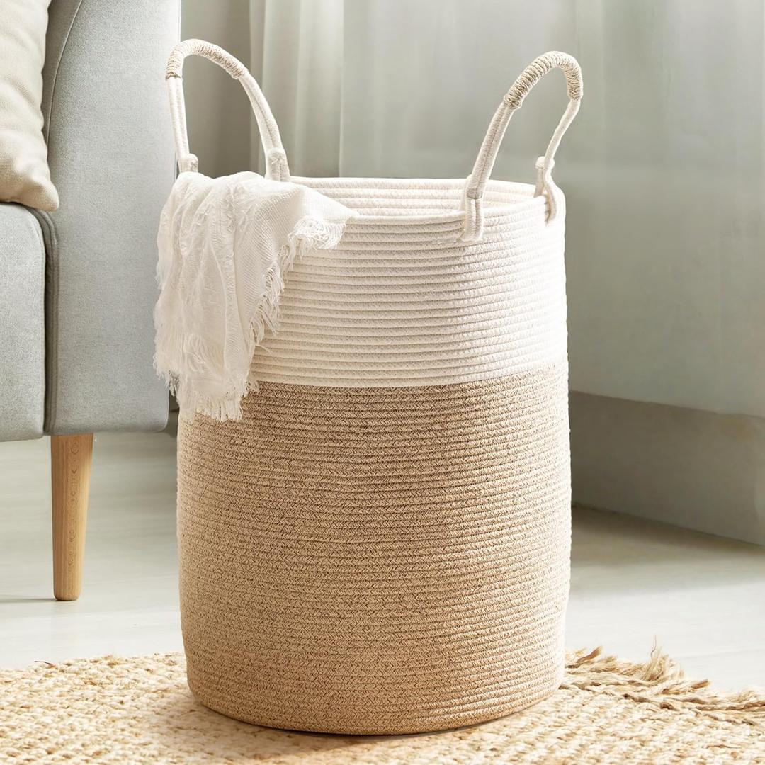 Laundry Basket  Laundry Hamper for Clothes, Blankets, Yoga Mat  Woven Cotton Rope Basket for Living Room, Nursery Room  Boho Style 15D x 18H  White & Beige Brown (Small)