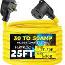 Tellegloww 25 Feet NEMA TT-30P to 6-50R Welder Adapter Extension Cord, 30Amp to 50Amp 3 Prong Generator RV to 3 Prong Welder Adapter, STW 10 AWG/3C, 250V 7500 Watt, ETL Listed