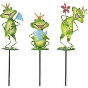 3 Pack Metal Garden Stakes, 14.2" Frog Garden Stakes for Spring Decor, Metal Yard Art for Outdoor & Outside Lawn Patio Pathway Decoration