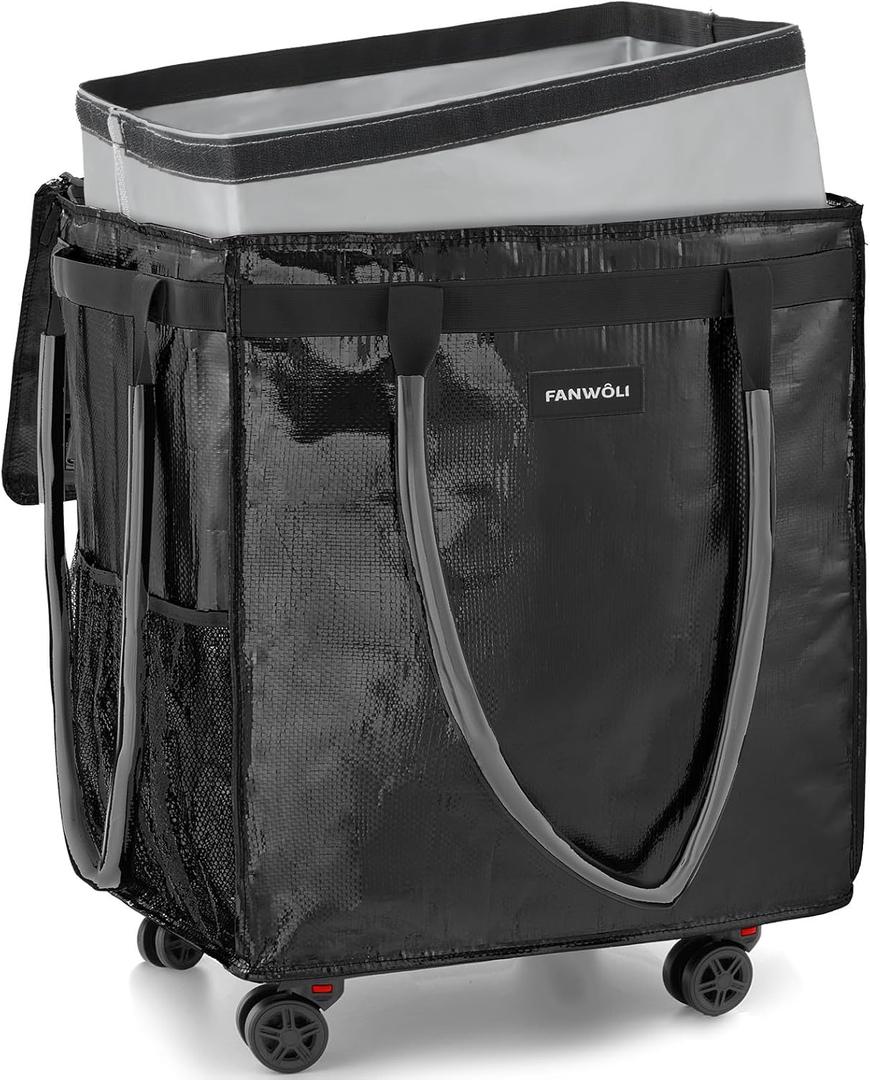 Fanwoli Reusable Grocery Bag on Wheels with Upgraded Wrinkle-Resistant Fabric | Enhanced Stability Wheels & Extended Handle | Foldable Shopping Trolley for Laundry, Carries Up to 130, L