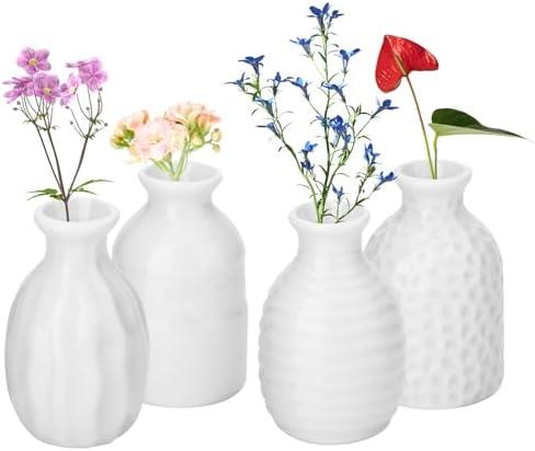 Beautyflier Small Cute Mini Vases Set of 4, Miniature Flower Vases for Flowers, Ceramic Vase Cat Whisker Vase for Home Decor, Table Decorations, Wedding, Party, Receptions (White, Set4)