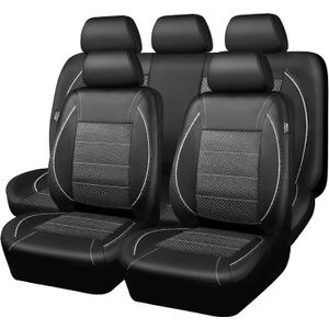 CAR PASS Piping PU Leather Car Seat Cover Full Set, Inside Zipper Design and Reserved Opening Holes, Airbag Compatible,Universal FIT for Car, SUVs,Van,TrucksFull Set, Black & Silver