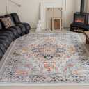 VK VKLIVING 9x12 Area Rug Washable Rugs for Living Room Vintage Design Boho Rug with Non Slip Living Room Bedroom Carpet Stain Resistant, Home Decor, Blue and Orange