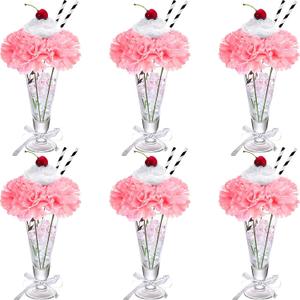 WILLBOND 6 Sets Pink Carnations Artificial Flowers, 50's Theme Party Decorations Include White Pink Carnation Lifelike Cherries and Paper Straws for Sock Hop Rock and Roll Grease Party Decorations