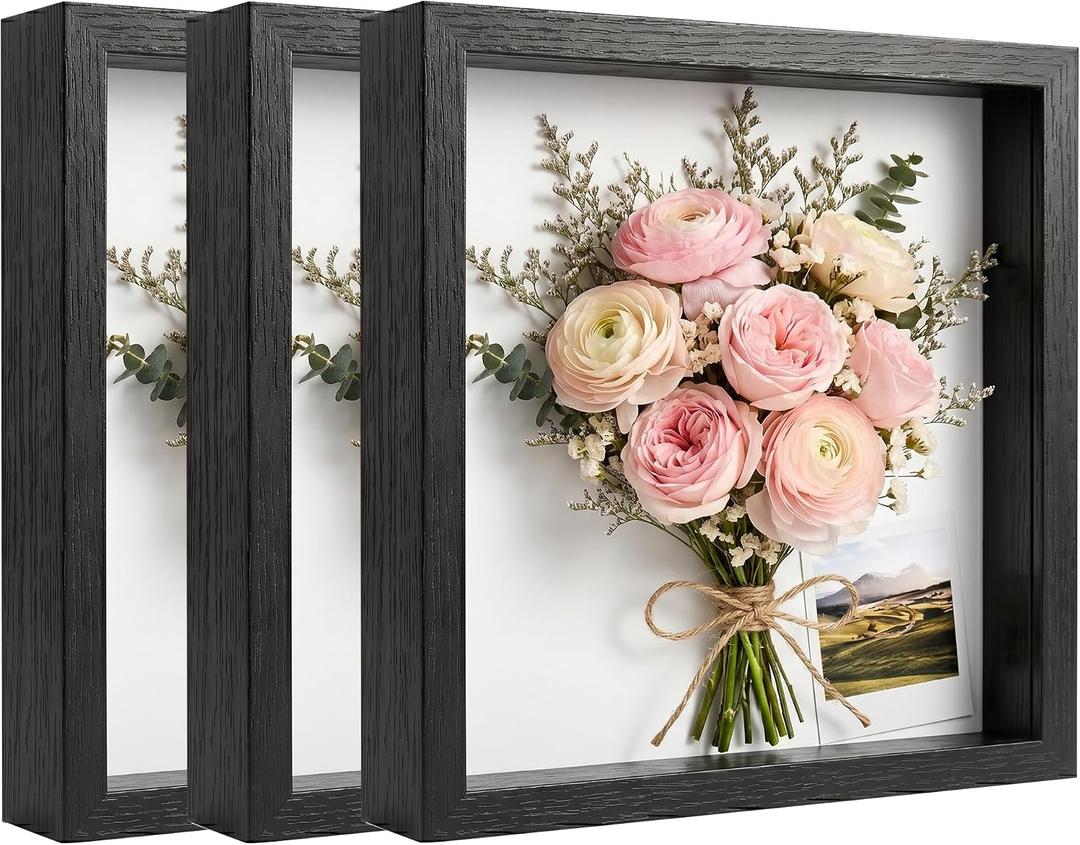 3 Pcs 8 x 8 Shadow Box Frame, Wooden Hollow Picture Frame with Clear Acrylic Front, Memory Display Case Bulk for Photos, Awards, Dried Flowers, Seashells and Memorabilia Decor (Black)
