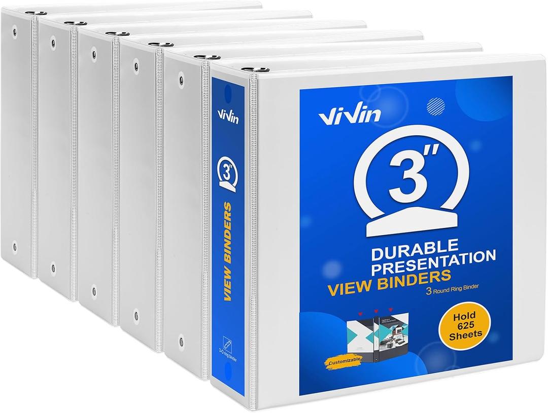 ViVin 3 Ring Binder 3 inch with Clear View Cover, Large 3"-Round Ring for Strength, Holds 600 Sheets of US Letter Size Paper, Office Home School, 6 Pack (White)