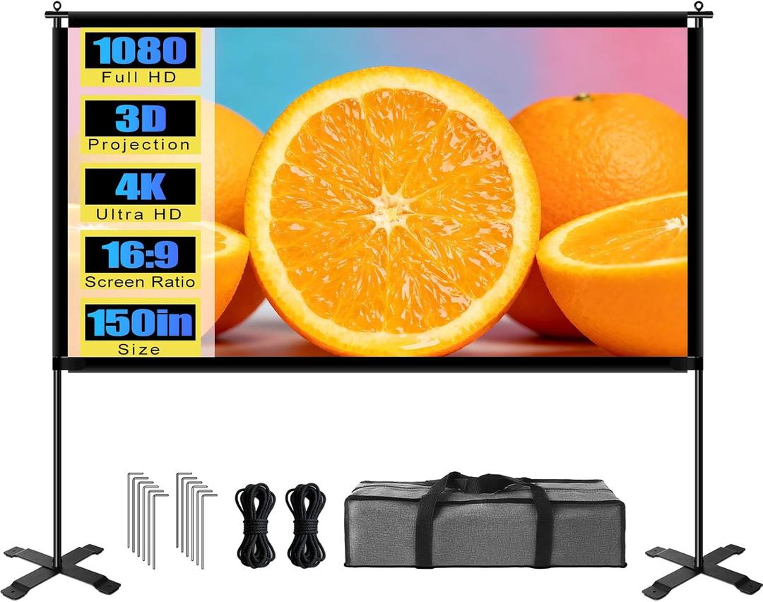 Outdoor 150inch Projector Screen with Stand, Portable Projector Screen with Carry Bag, Indoor 4K HD Movie Projection Screen for World Cup Outside Home Theater Backyard, 16:9
