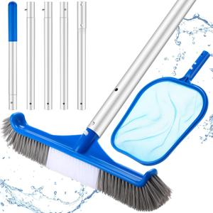 Set of 3 Pool Cleaning Kit with Hand Skimmer Net, 47.24" Aluminum Pole and 17.5" Pool Brush Maintenance Accessory Tool for Inflatable Pool Home Tubs Spa