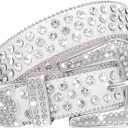 WHIPPY Women Rhinestones Leather Belts Bling Studded Western Cowgirl Waist Belt for Jeans Pants with Removable Buckle (S:Fit Waist Size 28-32", 3-white)
