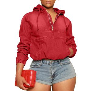 PINSV Women's Half Zip Denim Hoodie Pullover Jacket Jean Sweatshirt Tops (XX-Large, Red)