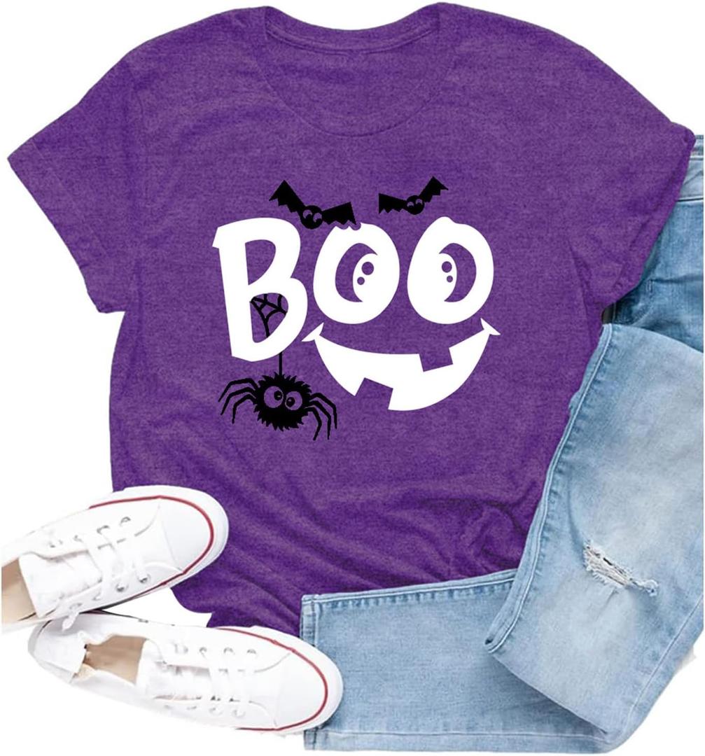 Women Halloween Shirts Spooky Boo Pumpkin Face T-Shirt Trick or Treat Party Short Sleeve (Purple, L)