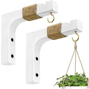 2 Pack Plant Hanger Hooks for Indoor Hanging Plants, Farmhouse Wooden Hanging Basket Wall Hooks for Outdoor Flower Pots Lanterns Wind Chime Lights Garden Decoration (White)