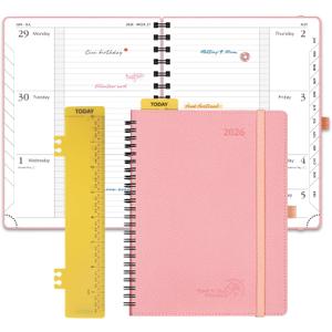 POPRUN 2026 Planner (Jan.-Dec.), Medium-6.75" x 8.75", Horizontal Weekly Notebook, 12-Month Calendar Book with Monthly Tabs, Spiral Soft Cover, Inner Pocket, 100 GSM - Soft Pink