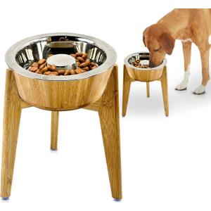 Slow Feeder Dog Bowls for Large Breeds - Bowl is 12-inch High with Stand - Elevated, Raised Bamboo-Stainless Steel Dish (Height: 12" Bowl: Width: 8")